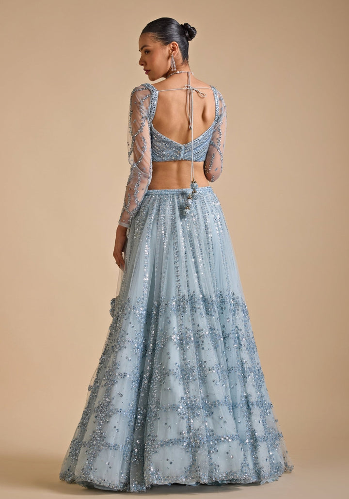 Ice Blue Embroidered Lehenga set Prevasu - Fabilicious Fashion