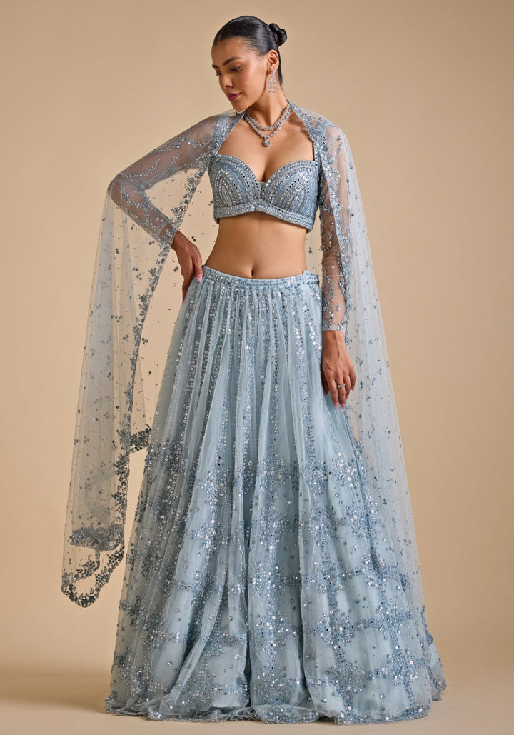 Ice Blue Embroidered Lehenga set Prevasu - Fabilicious Fashion