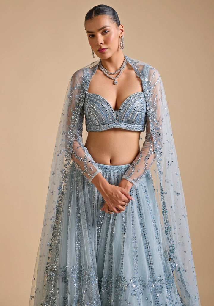 Ice Blue Embroidered Lehenga set Prevasu - Fabilicious Fashion