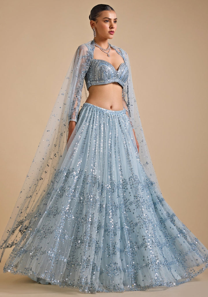 Ice Blue Embroidered Lehenga set Prevasu - Fabilicious Fashion