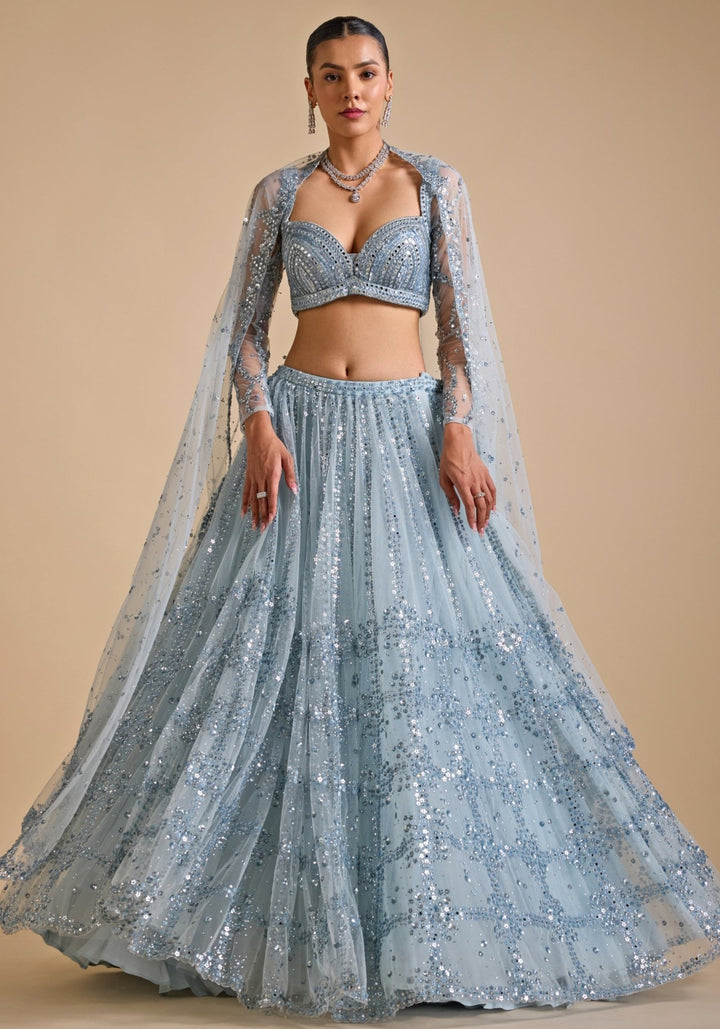 Ice Blue Embroidered Lehenga set Prevasu - Fabilicious Fashion
