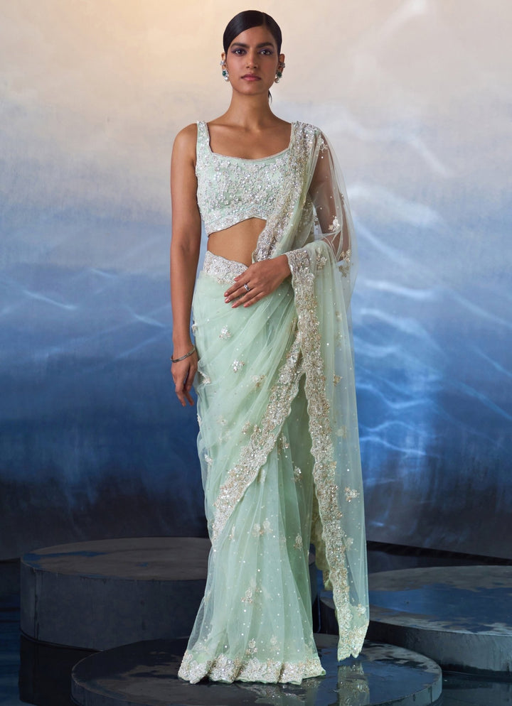 Ice Blue Embroidered Net Saree Angad Singh - Fabilicious Fashion