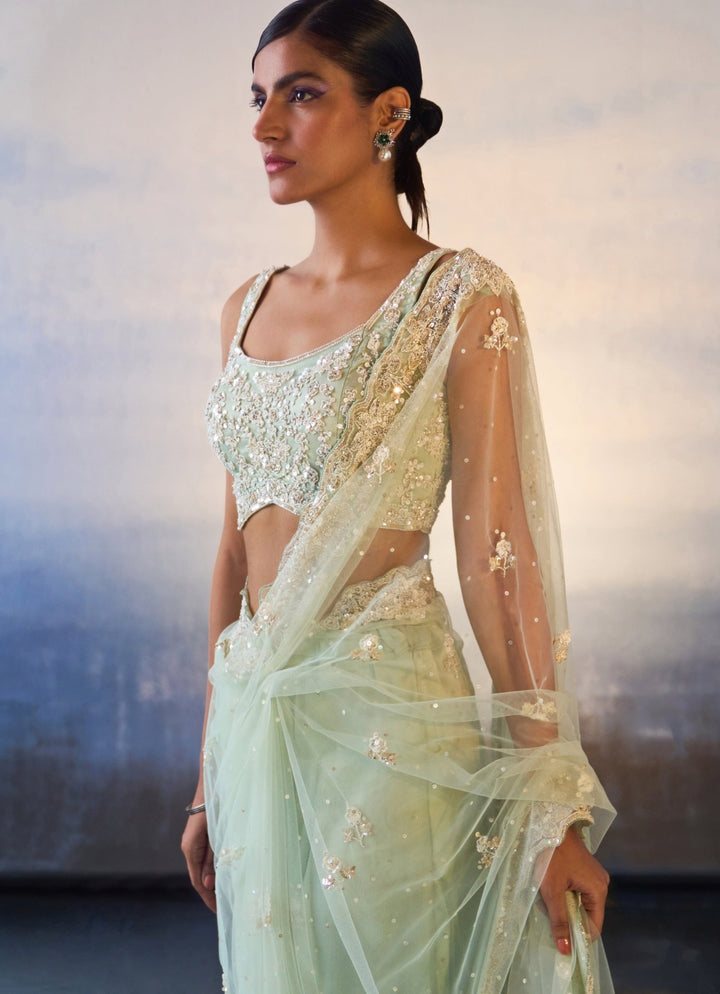 Ice Blue Embroidered Net Saree Angad Singh - Fabilicious Fashion
