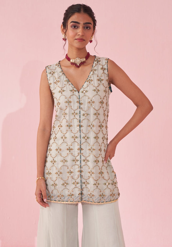 Ice Blue Embroidered Organza Kurta Sharara Set Studio Bagechaa - Fabilicious Fashion