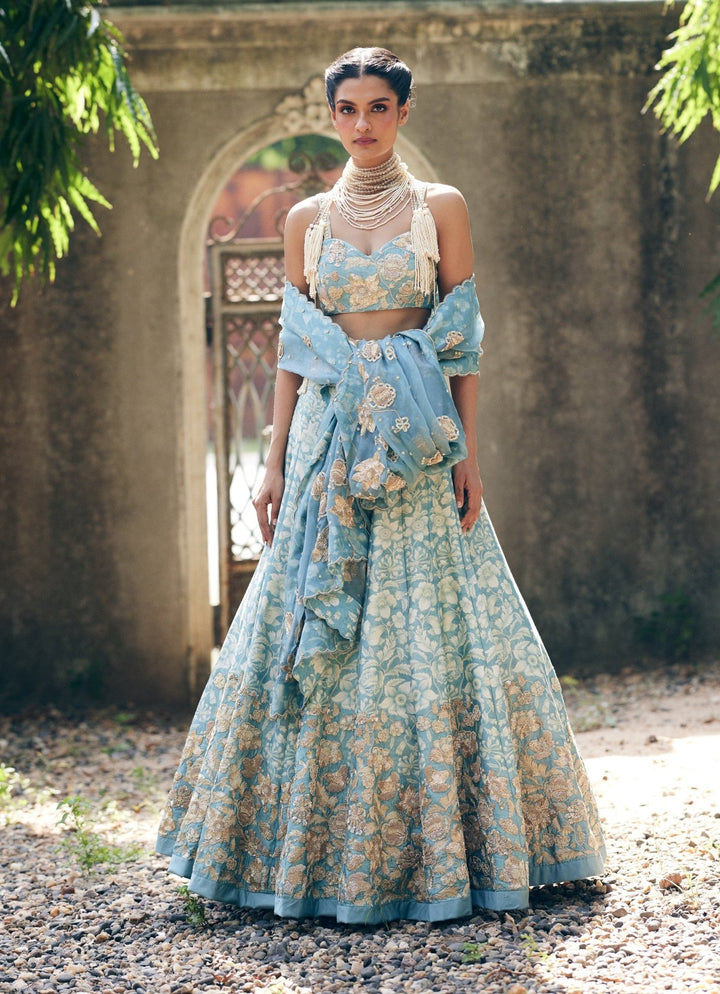 Ice Blue Floral Printed Silk Lehenga Set Paulmi and Harsh - Fabilicious Fashion