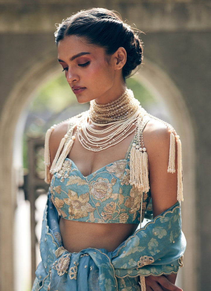 Ice Blue Floral Printed Silk Lehenga Set Paulmi and Harsh - Fabilicious Fashion