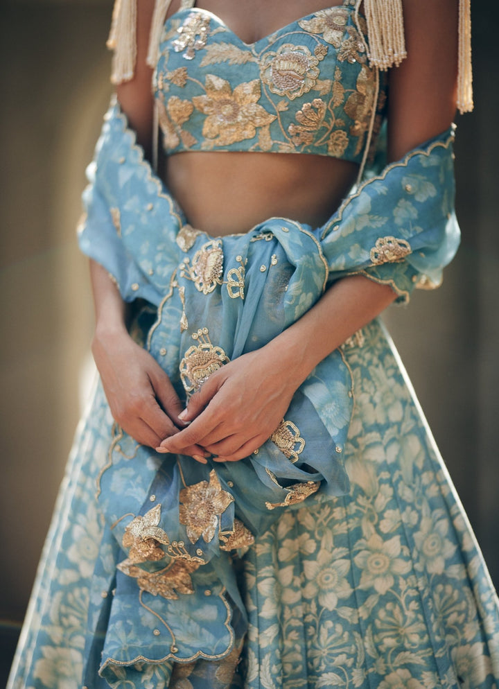Ice Blue Floral Printed Silk Lehenga Set Paulmi and Harsh - Fabilicious Fashion