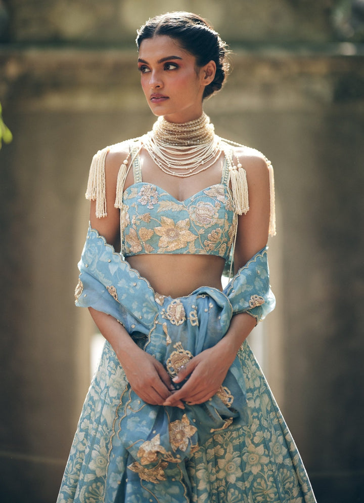 Ice Blue Floral Printed Silk Lehenga Set Paulmi and Harsh - Fabilicious Fashion