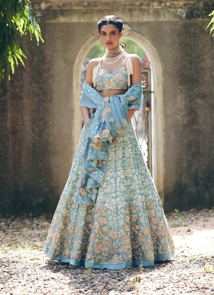 Ice Blue Floral Printed Silk Lehenga Set Paulmi and Harsh - Fabilicious Fashion