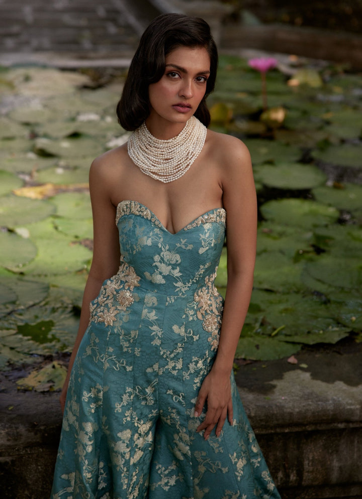 Ice Blue Russian Jacquard Jumpsuit Paulmi and Harsh - Fabilicious Fashion