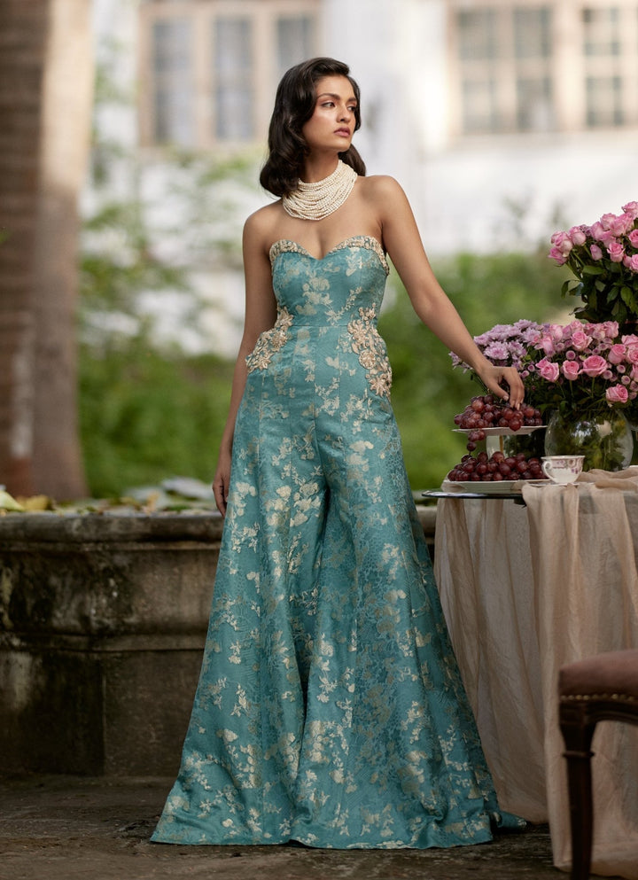Ice Blue Russian Jacquard Jumpsuit Paulmi and Harsh - Fabilicious Fashion