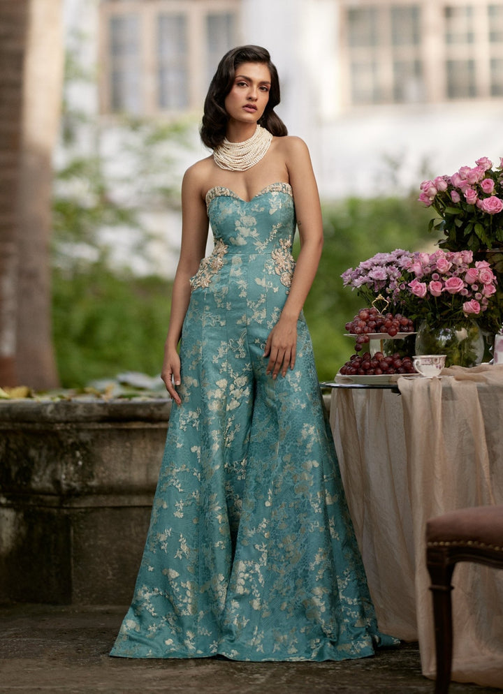 Ice Blue Russian Jacquard Jumpsuit Paulmi and Harsh - Fabilicious Fashion