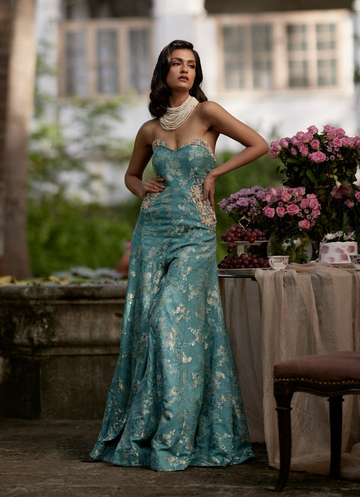 Ice Blue Russian Jacquard Jumpsuit Paulmi and Harsh - Fabilicious Fashion