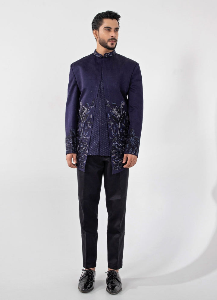 Indigo Blue Embroidered Satin Bandhgala Set Smriti - Fabilicious Fashion