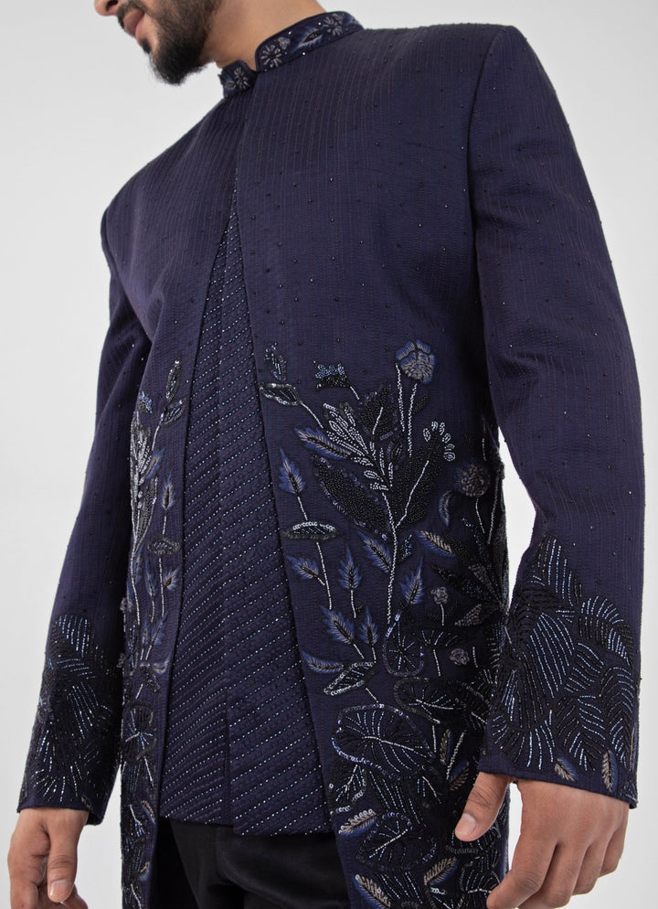 Indigo Blue Embroidered Satin Bandhgala Set Smriti - Fabilicious Fashion