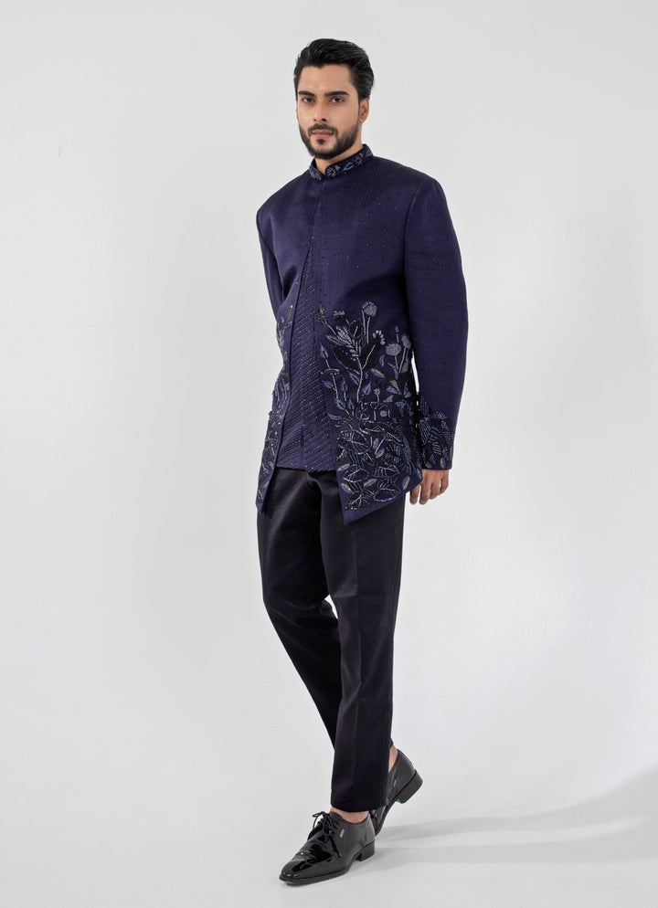 Indigo Blue Embroidered Satin Bandhgala Set Smriti - Fabilicious Fashion