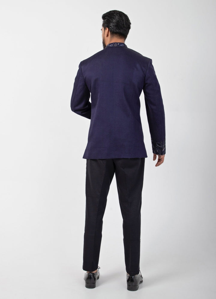 Indigo Blue Embroidered Satin Bandhgala Set Smriti - Fabilicious Fashion