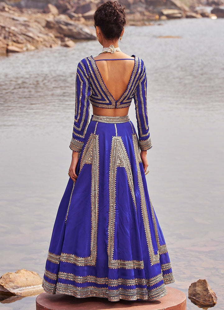 Ink Blue and Gold Sequinned Lehenga Nidhika Shekhar - Fabilicious Fashion