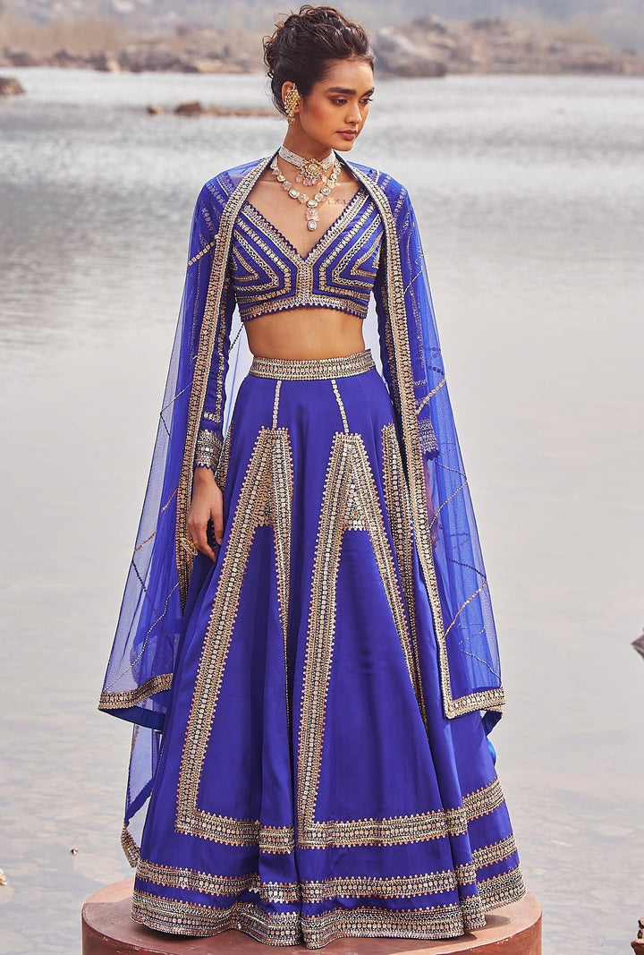 Ink Blue and Gold Sequinned Lehenga Nidhika Shekhar - Fabilicious Fashion