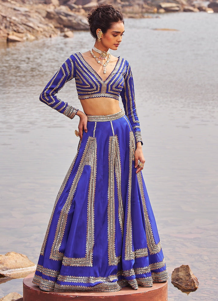 Ink Blue and Gold Sequinned Lehenga Nidhika Shekhar - Fabilicious Fashion
