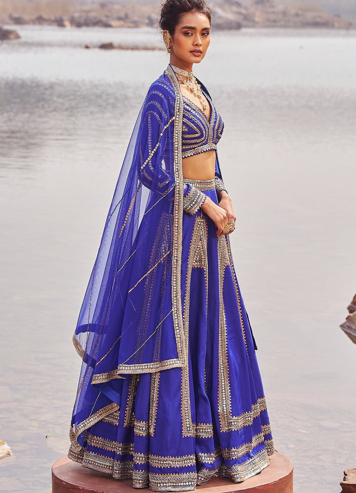 Ink Blue and Gold Sequinned Lehenga Nidhika Shekhar - Fabilicious Fashion