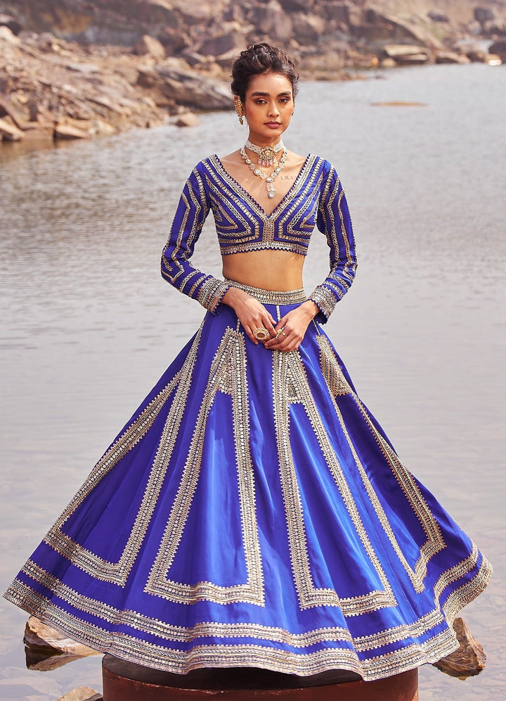 Ink Blue and Gold Sequinned Lehenga Nidhika Shekhar - Fabilicious Fashion