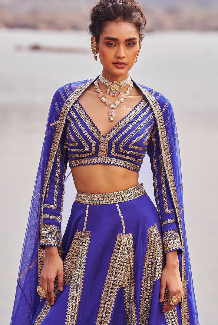 Ink Blue and Gold Sequinned Lehenga Nidhika Shekhar - Fabilicious Fashion