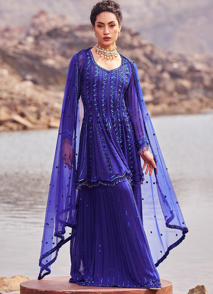 Ink Blue Sequinned Kurta Sharara Set Nidhika Shekhar - Fabilicious Fashion