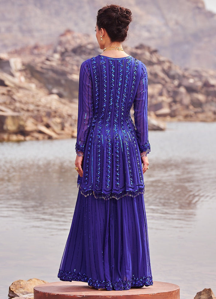 Ink Blue Sequinned Kurta Sharara Set Nidhika Shekhar - Fabilicious Fashion