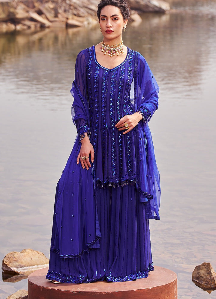 Ink Blue Sequinned Kurta Sharara Set Nidhika Shekhar - Fabilicious Fashion