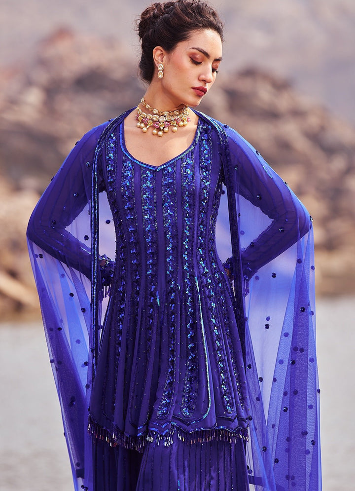 Ink Blue Sequinned Kurta Sharara Set Nidhika Shekhar - Fabilicious Fashion