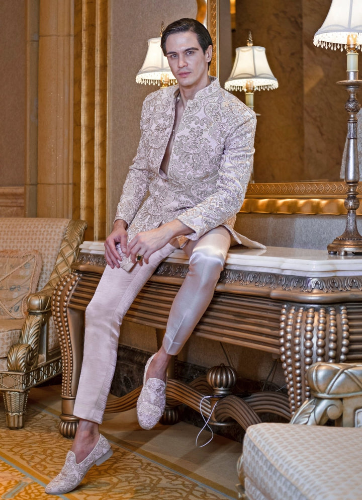 Ivory And Beige Embroidered Sherwani Set Jigar and Nikita - Fabilicious Fashion