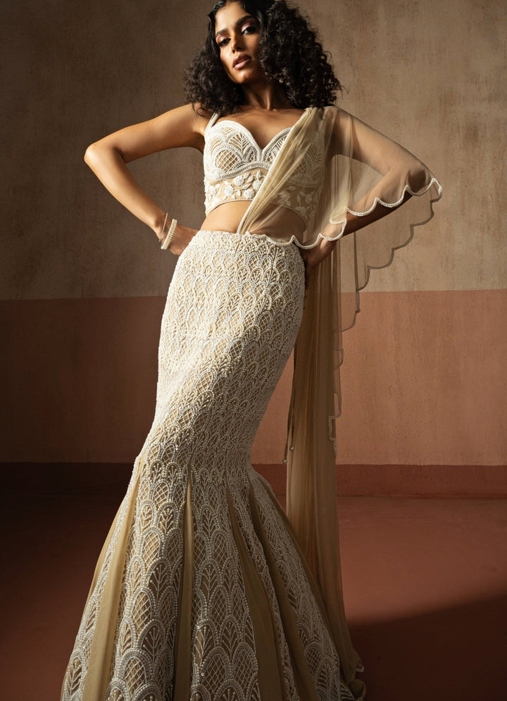 Ivory And Beige Gold Mermaid Pre Draped Georgette Saree Quench A Thirst - Fabilicious Fashion
