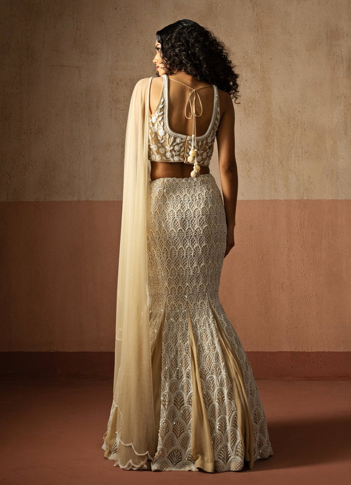 Ivory And Beige Gold Mermaid Pre Draped Georgette Saree Quench A Thirst - Fabilicious Fashion