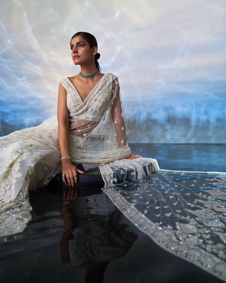 Ivory And Gold Embellished Sequined Saree Angad Singh - Fabilicious Fashion