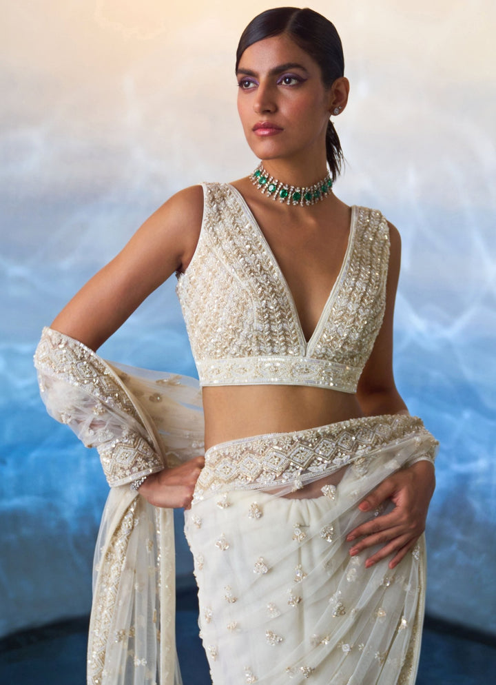 Ivory And Gold Embellished Sequined Saree Angad Singh - Fabilicious Fashion