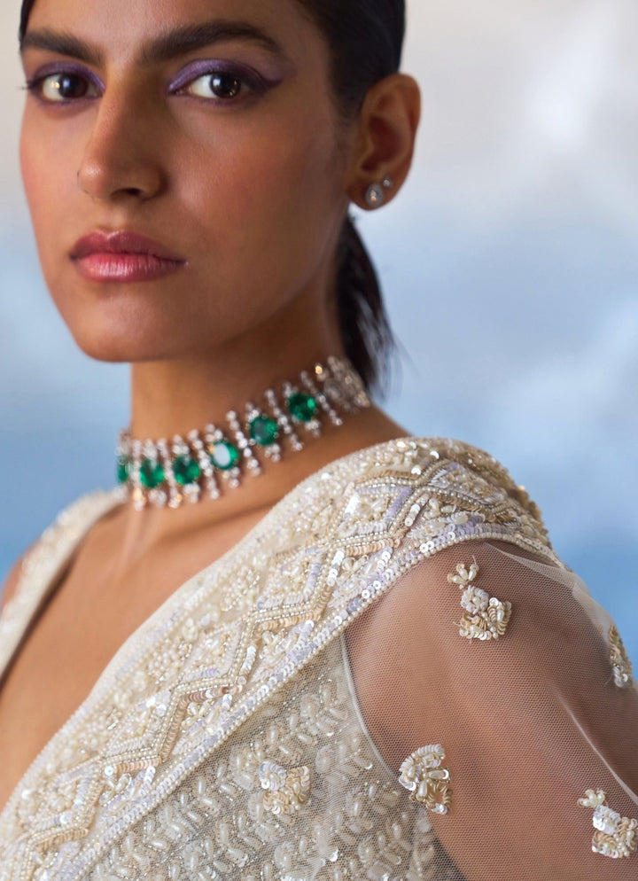 Ivory And Gold Embellished Sequined Saree Angad Singh - Fabilicious Fashion