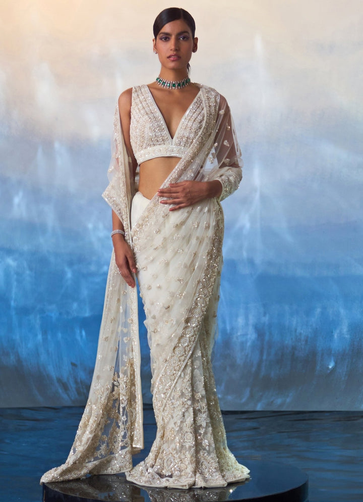 Ivory And Gold Embellished Sequined Saree Angad Singh - Fabilicious Fashion