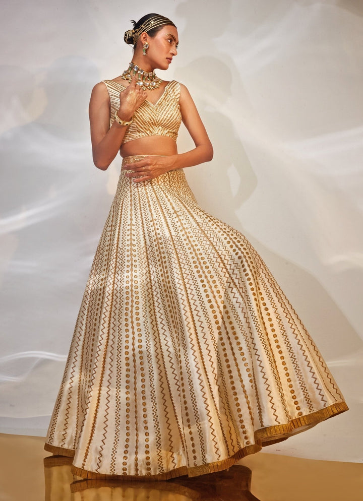 Ivory and Gold Embroidered Silk Lehenga Set Akara - Fabilicious Fashion