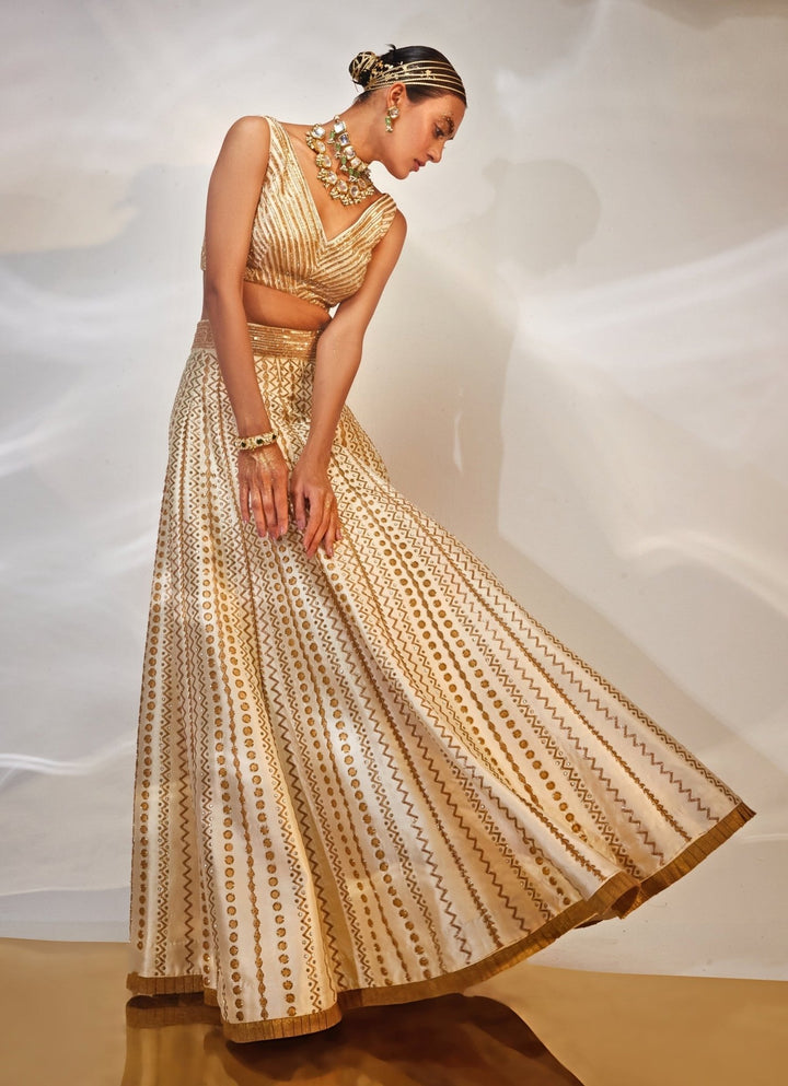 Ivory and Gold Embroidered Silk Lehenga Set Akara - Fabilicious Fashion