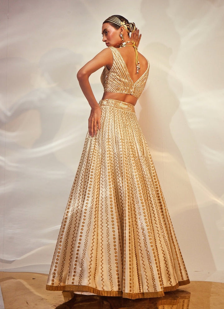 Ivory and Gold Embroidered Silk Lehenga Set Akara - Fabilicious Fashion