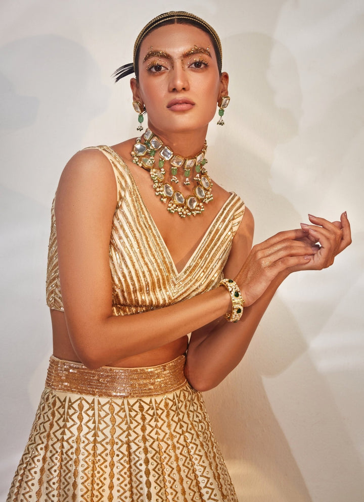 Ivory and Gold Embroidered Silk Lehenga Set Akara - Fabilicious Fashion