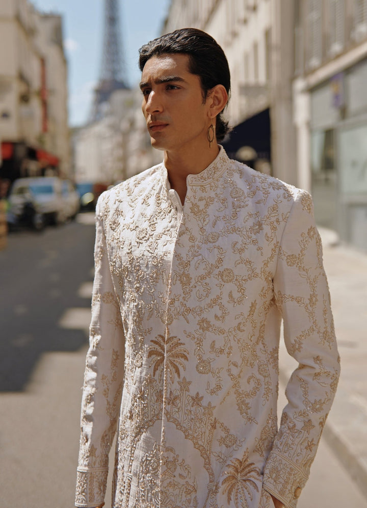 Ivory And Gold Embroidered Silk Sherwani Set With Dupatta Jigar and Nikita - Fabilicious Fashion
