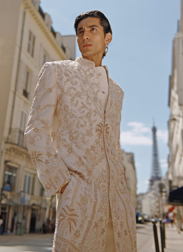 Ivory And Gold Embroidered Silk Sherwani Set With Dupatta Jigar and Nikita - Fabilicious Fashion