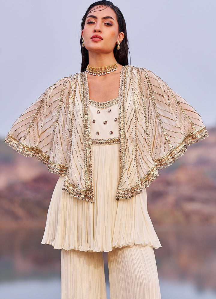 Ivory and Gold Kurta Set With Short Cape Nidhika Shekhar - Fabilicious Fashion