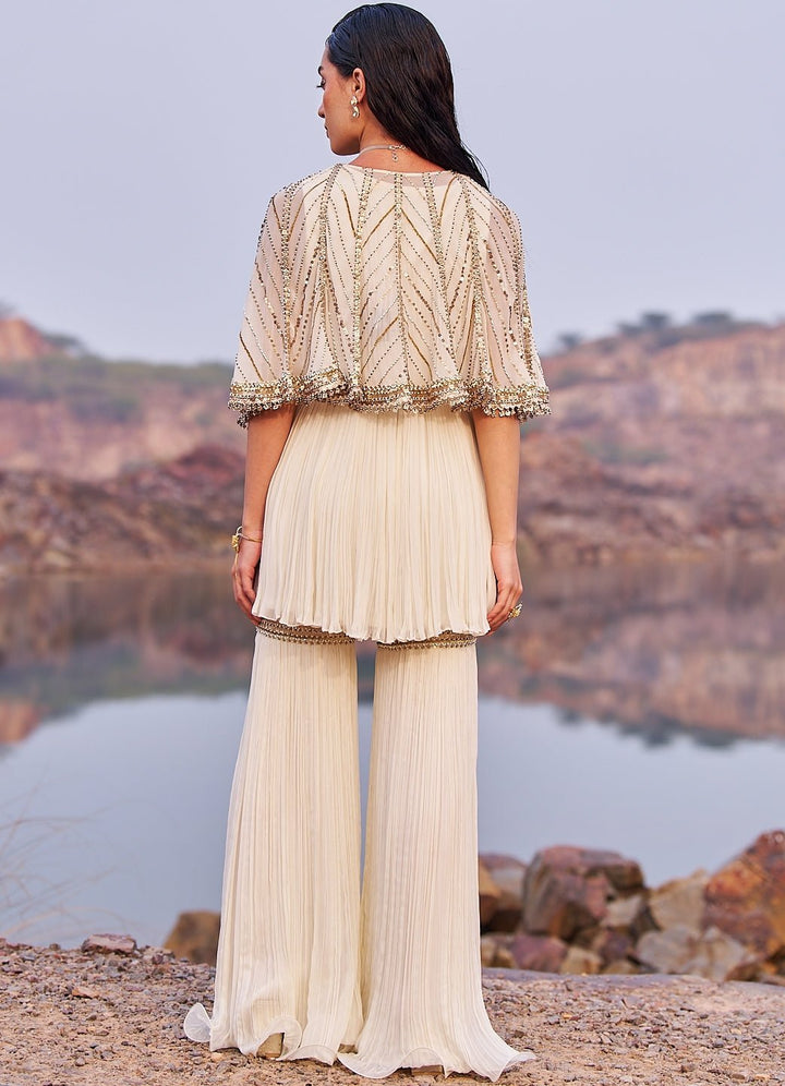 Ivory and Gold Kurta Set With Short Cape Nidhika Shekhar - Fabilicious Fashion