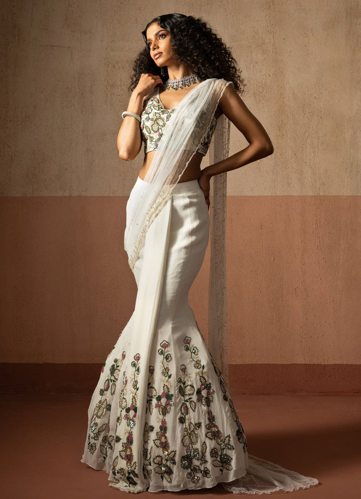 Ivory And Gold Mermaid Pre Draped Georgette Saree Quench A Thirst - Fabilicious Fashion