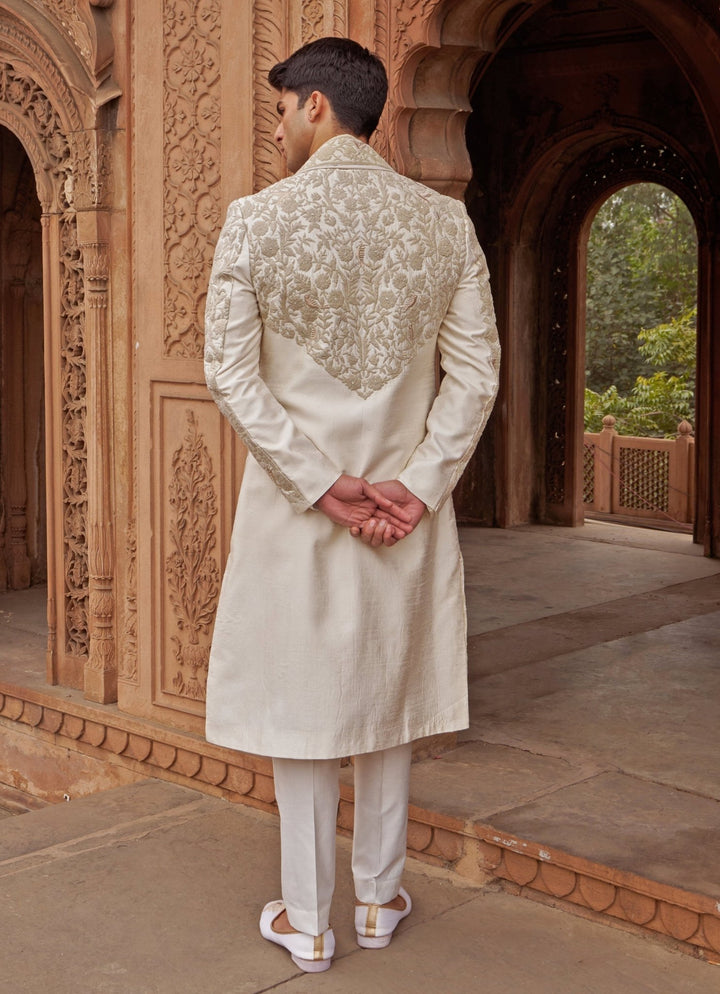 Ivory And Muted Gold Silk Sherwani Set Nidhika Shekhar - Men - Fabilicious Fashion