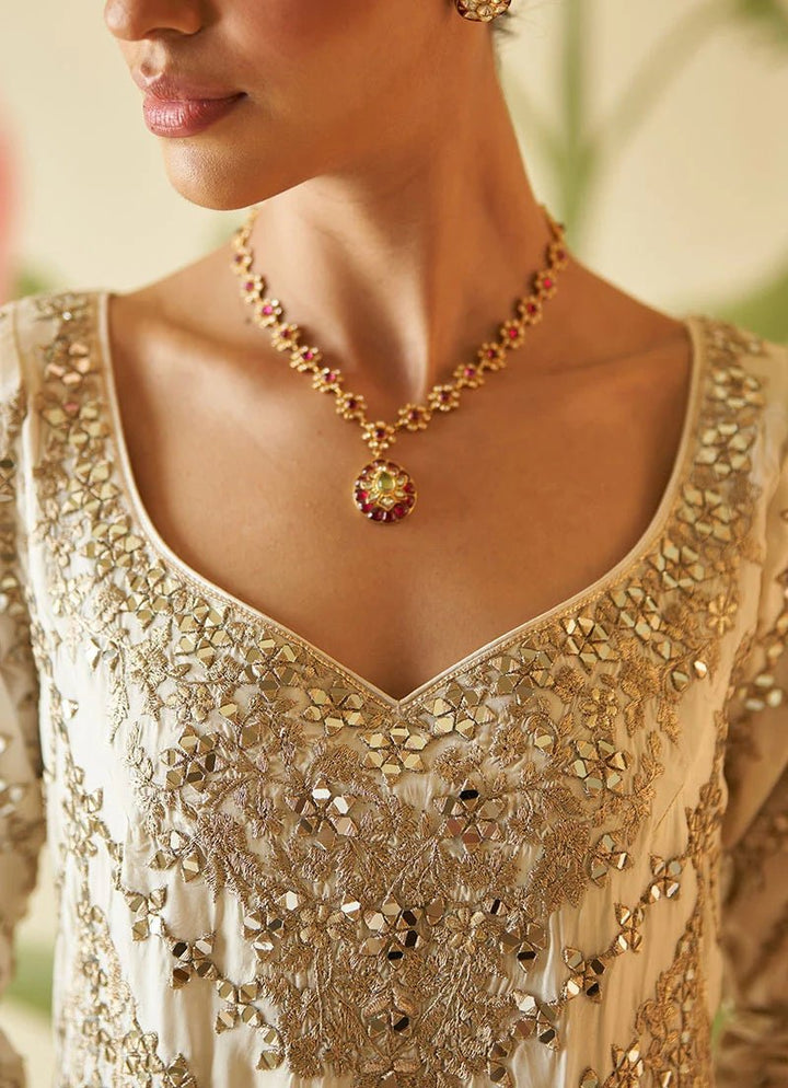 Ivory and Muted Rose Gold Mirror Work Silk Kurta Set Angad Singh - Fabilicious Fashion
