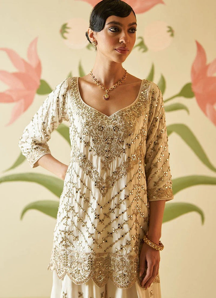 Ivory and Muted Rose Gold Mirror Work Silk Kurta Set Angad Singh - Fabilicious Fashion